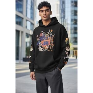 Retro LOONEY TUNES-SPACE JAM Hoodie Sweatshirt-Black-Goon/Tune Squad-EUC-Size XL